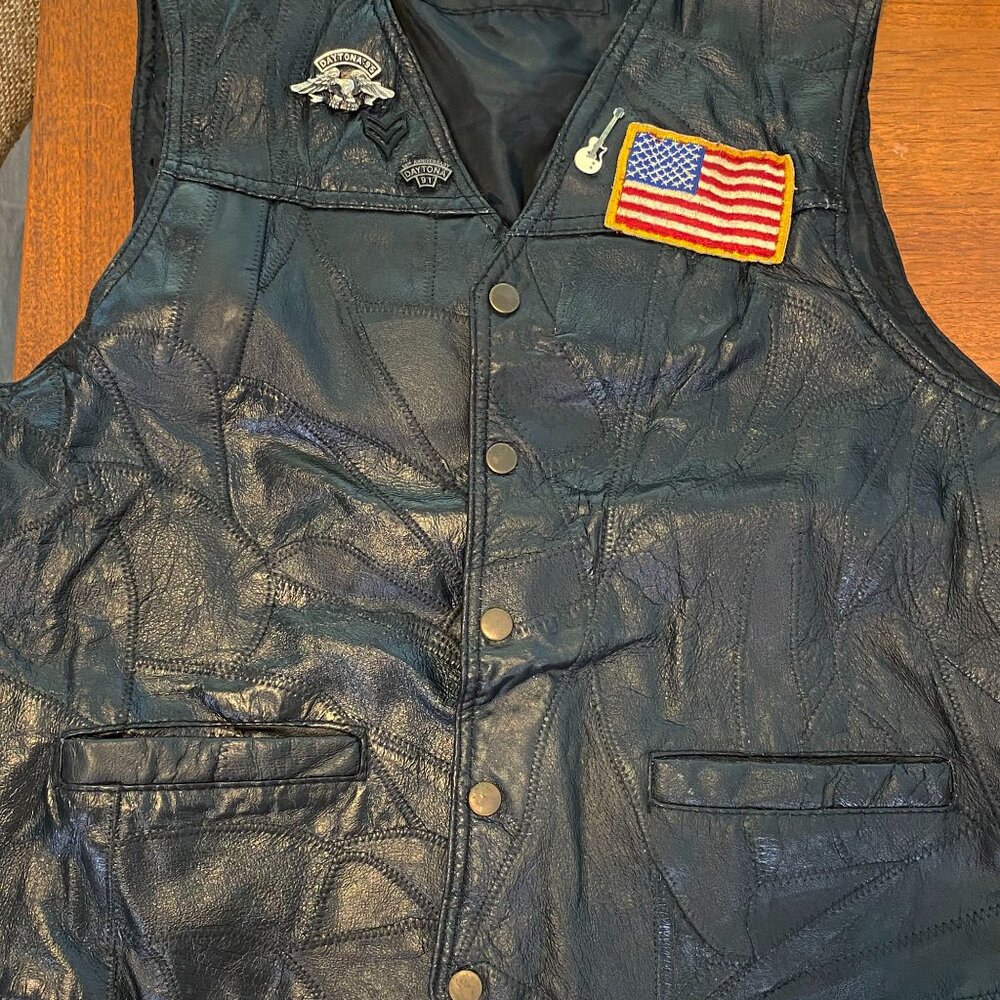 Vintage Leather Motorcycle Vest, Size Large, Pins & Patches Included